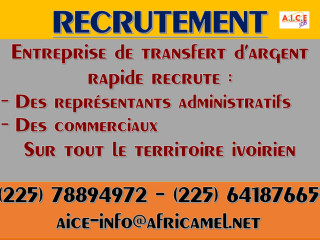 RECRUTEMENT REPRESENTANT ET COMMERCIAUX POUR ENTREPRISE DE TRANSFERT D'ARGENT